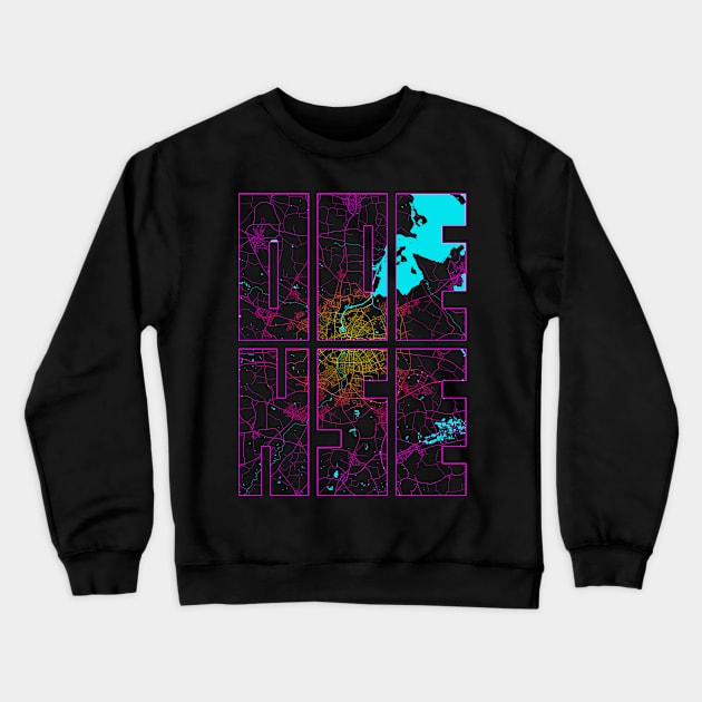 Odense, Denmark City Map Typography - Neon Crewneck Sweatshirt by deMAP Studio